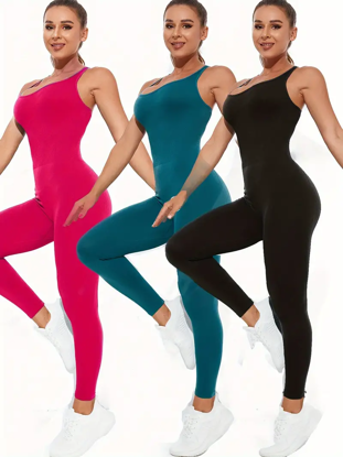 Picture of 3-Pack Seamless Women's Jumpsuits, Sporty Criss-Cross Back, Full-Length Bodysuits, Assorted Colors, Comfortable Athletic Wear