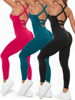 Picture of 3-Pack Seamless Women's Jumpsuits, Sporty Criss-Cross Back, Full-Length Bodysuits, Assorted Colors, Comfortable Athletic Wear