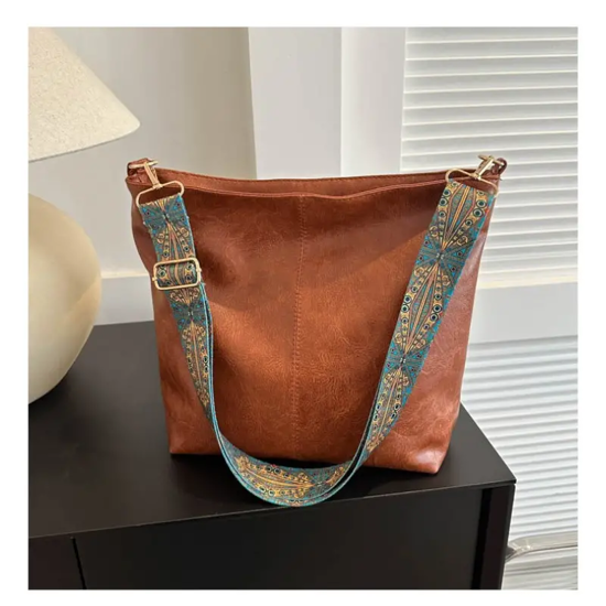 Picture of Boho Chic Large Capacity Women's Shoulder Bag, Vintage Wide Strap Crossbody Tote, Casual Commuter Bag